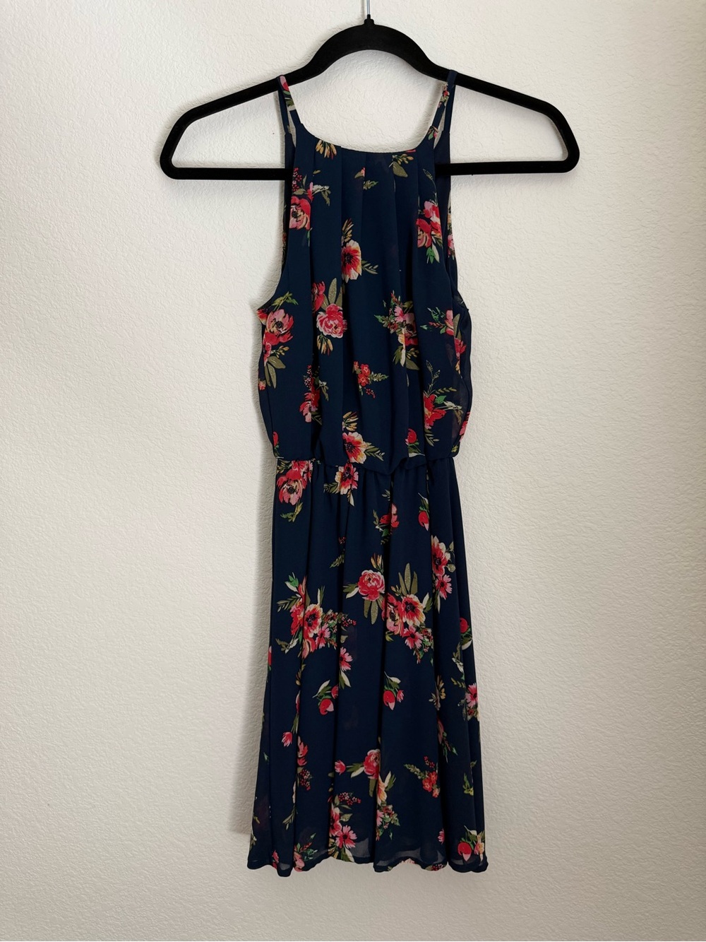 Blue Rain Floral Scoop Neck Navy Mini Dress